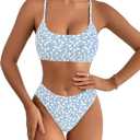 SweatyRocks Women's 2 Piece Bikini Set Ditsy Floral Print High Cut Bathing Suit Beachwear (Medium, Blue)