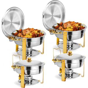 ROVSUN Gold Chafing Dishes for Buffet, 5 Qt 4 Pack Round Stainless Steel Chafing Dish Set with Lid Holder, Buffet Warmer Set for Parties, Christmas ...