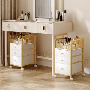 Rolling Makeup Vanity Cart, Makeup Organizer with Drawers, Bathroom Storage Cart, Under Desk Vanity Makeup Storage Cart with 3 Fabric Drawers for Nail Polish Brush Hair Tool (Gold)