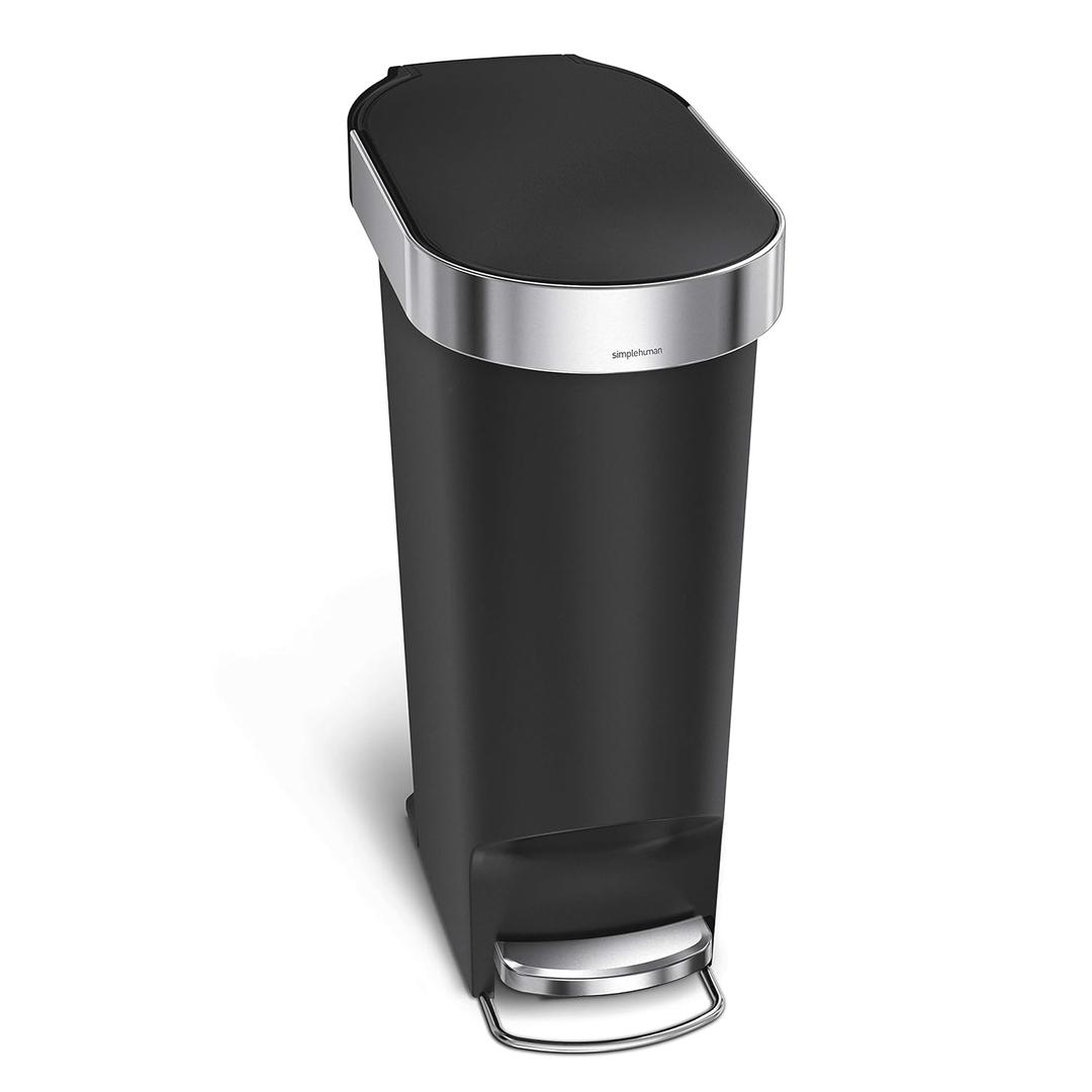 simplehuman 40 Liter / 10.6 Gallon Slim Kitchen Step Trash Can with Liner Rim, Black Plastic