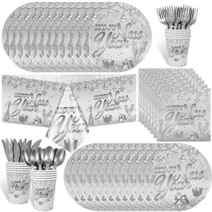 HOWAF 97pcs Silver New Years Decorations Party Tableware Set, Serves 12, New Years Plates and Napkins Cups New Year Eve Party Tablecloth Cutlery Disposable Dinnerware Set for NYE Decorations 2026