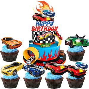 25PCS Hot Car Birthday Decorations for Boys Cake Toppers Race Car Cake Topper Happy Birthday Cupcake Toppers
