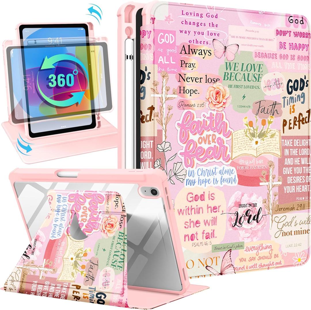 for iPad A16 Case for iPad 10th Generation Case 10.9 inch - 360 Degree Rotating Stand Folio Smart Cover with Pencil Holder for Women Girl, Christian Words for Apple Tablet 10th 2022/11th 2025
