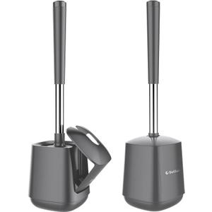 SetSail Toilet Brush and Holder 2 Pack, Self Closing Lid Toilet Bowl Brushes Holder and Extra Long Handle Ventilated Toilet Brush Set for Bathroom Cleaning, Nylon Bristles, Grey