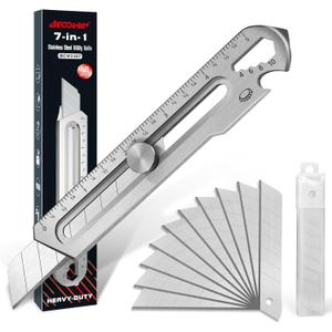 BECOWIN 7-In-1 Mutipurpose Utility Knife, Stainless Steel Retractable Box Cutter, Heavy Duty Snap off Cutter Knife with 10PC 18MM SK5 Blades, Safety Lock Design