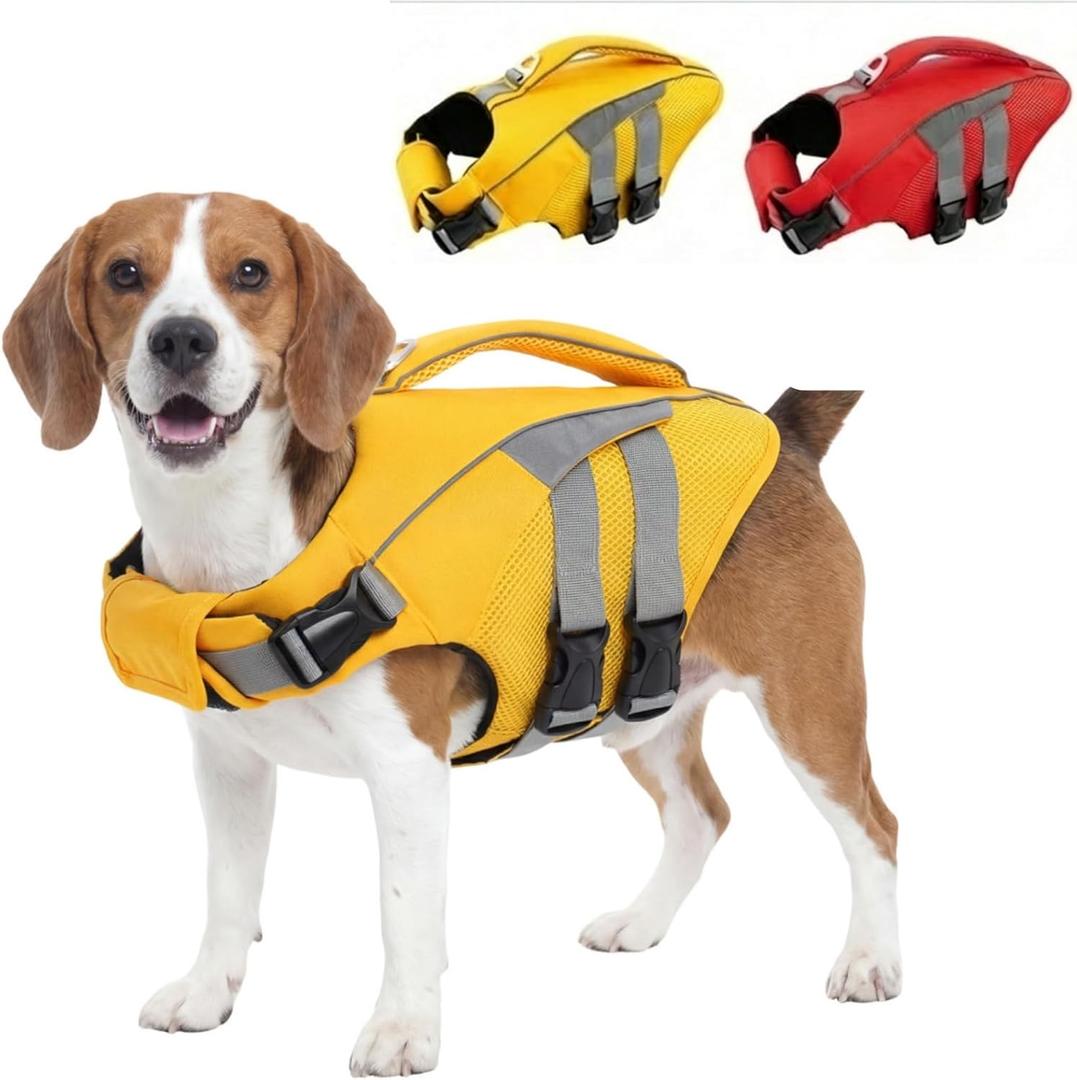 IECOii Dog Life Jacket for Swimming Boating High Visibility, Doggy Floating Vest with Sturdy Grab Handle D Ring, Reflective Adjustable Water Vests for Medium Breeds, Pool Beach Lake, Yellow, Size L (L(Chest:22.8"29.5"))