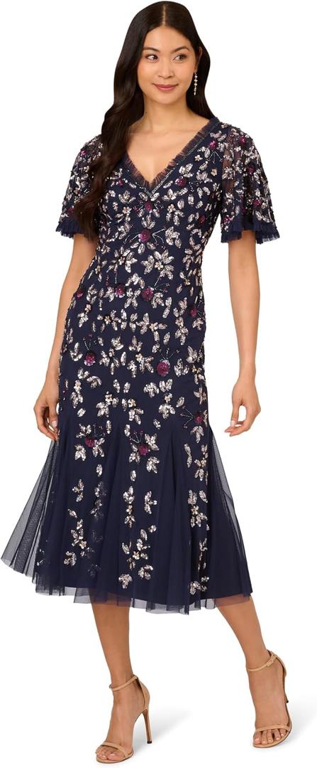 Adrianna Papell Beaded Mesh Midi Dress (14, Black)