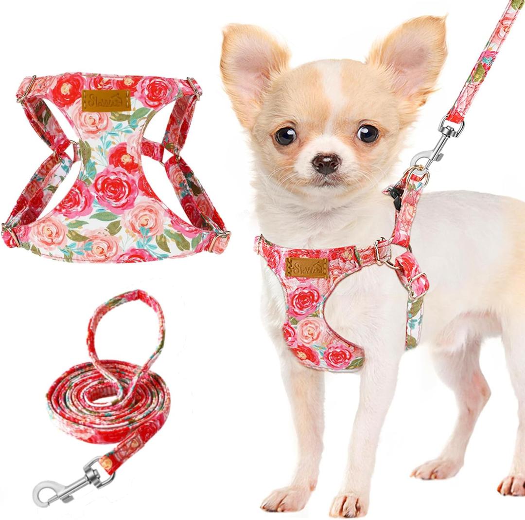 Lukovee Puppy Harness and Leash Set, No Pull Lightweight Soft Suede Adjustable Pet Harness Vest with Snap Buckle for Puppy Small and Medium Size Dog (Pink Rose, XXS)