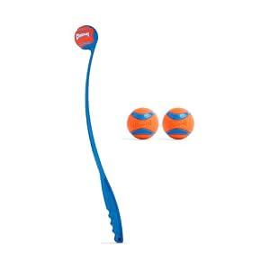 Chuckit! Ultra Dog Ball & Launcher Bundle Classic 26M 26" Length with 2 Pack Medium (2.5") Bouncy Fetch Balls for Dogs 20-60 lbs, Dog Fetch Ball Thrower