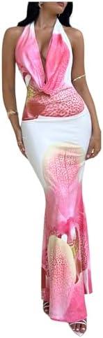 SOLY HUX Women's Floral Print Maxi Dress Halter Draped Cowl Neck Sleeveless Backless Bodycon Long Dresses M