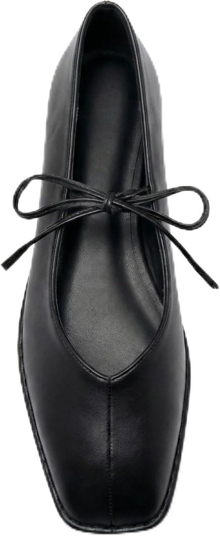 Lace Up Square Toe Ballet Flats for Women Cute Bow Slip On Mary Jane Flats Casual Ballerina Shoes (8, Black)