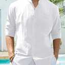 Alimens & Gentle Men's Cotton Linen Shirts Long Sleeve Button Down Shirt Band Collar Beach Shirts (White, L)