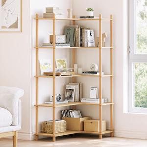L-Shaped Open Corner Bookshelf - 5-Tier Freestanding Bookcase, Oak