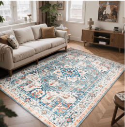 Boho Area Rugs 5x7 Washable Non-Slip, 5 by 7 Low-Pile Retro Vintage Oriental Inspired Persian Style Bohemian Rug with Rubber Backing,Blue Carpet for Living Room,Bedroom,Dining Room Under Table,Office