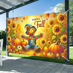 Happy Fall Backdrop Banner Autumn Thanksgiving Party Decorations Banner 71x43 Inchs Autumn Maple Leaves Pumpkins Backdrop Fall Scarecrow Sunflower Outdoor Indoor Decor