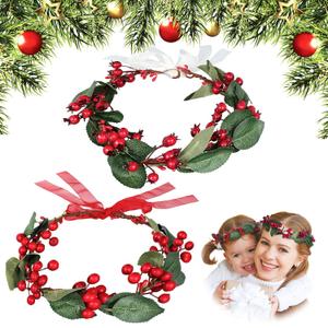 MTLEE 2 Pcs Christmas Flower Crown Headband Artificial Berry Garland Head Vintage Woodland Wedding Wreath Adjustable Red Berries Ribbon Headpiece for Christmas Party Festival Photo Prop