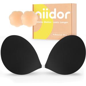 Niidor Adhesive Bra Strapless Ultra Sticky Invisible Push up Silicone Bra Multiple Colors Sizes Reusable for Backless Dress (Black)