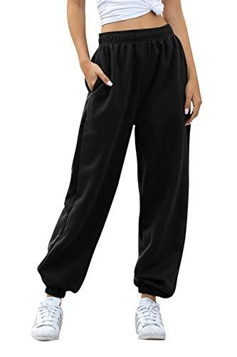 Willow Dance Womens High Waisted Sweatpants Athletic Baggy Joggers Pants Lounge Work with Pockets Fall Winter Black L