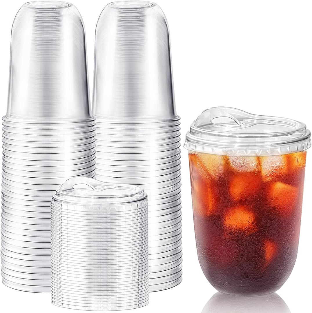 Alaeseje 50 Pack Clear Plastic Cups with Strawless Sip Lids,16 oz Iced Coffee Cups With Lids,Disposable PET Crystal Cups,Round Bottom To Go Cup for Iced Coffee Juice Smoothie Cold Beverage