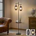 Farmhouse Floor lamp with Table, Double Head Vintage Floor Lantern, Standing lamp for Living RoomBedroom, Rustic Floor Lamp with Black Brown Finish