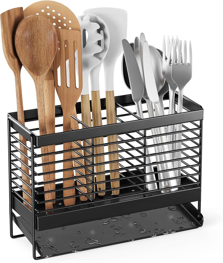 Utensil Holder, Upgrade Stainless Steel Utensil Drying Rack with Automatic Drain Tray for Kitchen Counter, Silverware Cutlery Organizer for Spoons, Forks, Knifes, Chopsticks (Black)