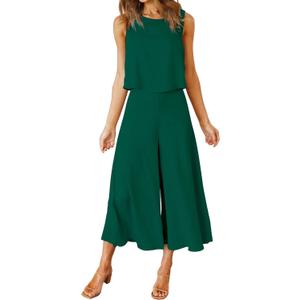 ROYLAMP Women's Summer 2 Piece Outfits Round Neck Crop Basic Top Cropped Wide Leg Pants Set Jumpsuits, XXL
