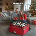 HOLDN STORAGE Premium Christmas Ornament Storage Container - Holds Up to 72-4 Ornaments Durable 600D Fabric - Adjustable Dividers - 3 Individual Trays - Metal Frame - Red