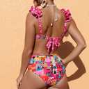 SPORLIKE Women High Waisted Swimsuit Flounce Straps Bikini Bathing Suit (Pink, Large)