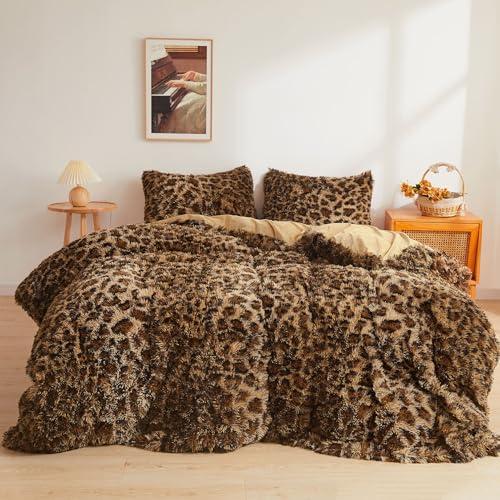 XeGe Cheetah Print Fluffy Faux Fur Duvet Cover Set, 2 Pieces Soft Plush Shaggy Farmhouse Fuzzy Bedding Set(1 Faux Fur Leopard Print Comforter Cover + 1 Furry Pillowcase), Zipper Closure(Twin, Brown)