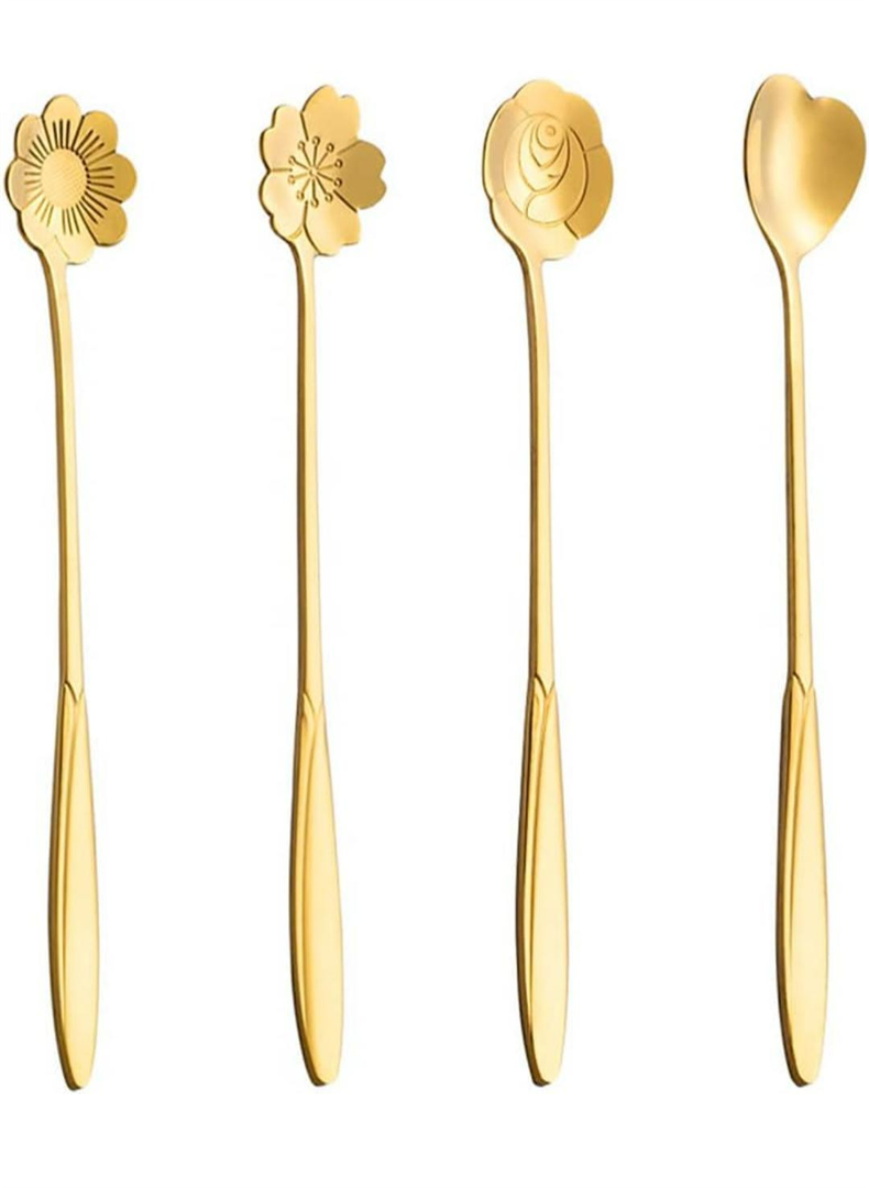7-Inch 4 Pcs Flower Spoon Coffee Teaspoon Set, Drink Stirring Spoon for Dessert, Coffee, Ice Cream, Tea (Gold)