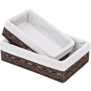 Small Storage Basket With Liner,Wicker Decorative Basket for coffee table,RectangleTray,Bathroom Countertop Organizerrectangle Kitchen Drawer Organizer Storage Set of 2 Brown