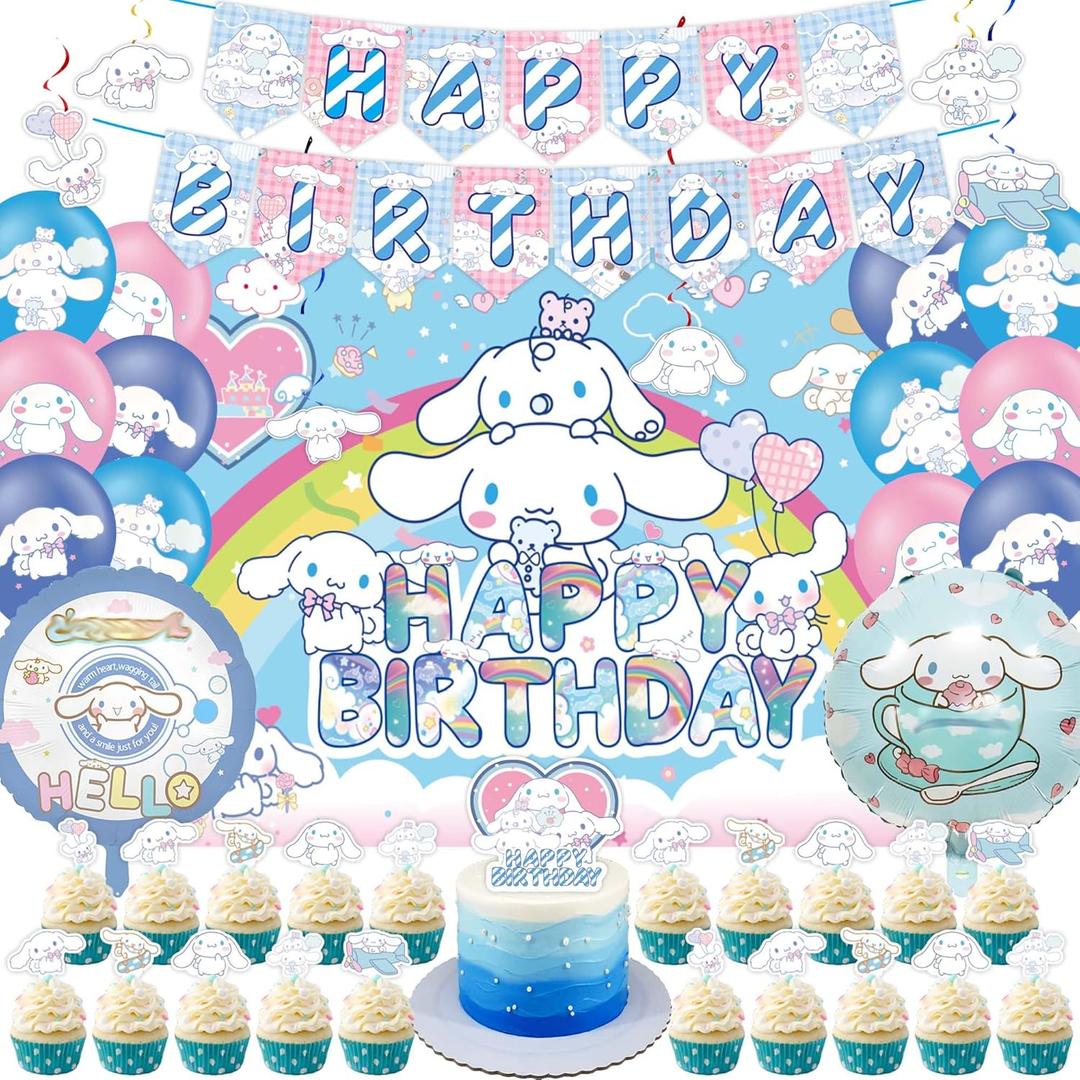 Kawaii Birthday Party Decorations Supplies Kit - Happy Birthday Banner, Hanging Swirl Decorations, Latex Balloon, Backdrop, Cupcake Toppers for Kids Theme Party