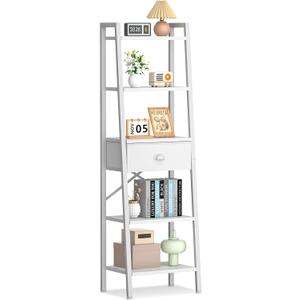 Furologee 5 Tier Bookshelf, Ladder Shelf with Drawer, Tall and Narrow Bookcase, Storage Shelves Organizer,Industrial Display Standing Units for Bathroom,Kitchen,Bedroom,Living Room,White
