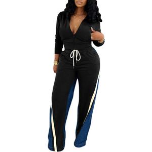 KANSOON 2 Piece Sets for Women Fall Tracksuit Outfits Long Sleeve Striped Zip Up Jacket Denim Patchwork Pants Lounge Set (X-Large, Black)