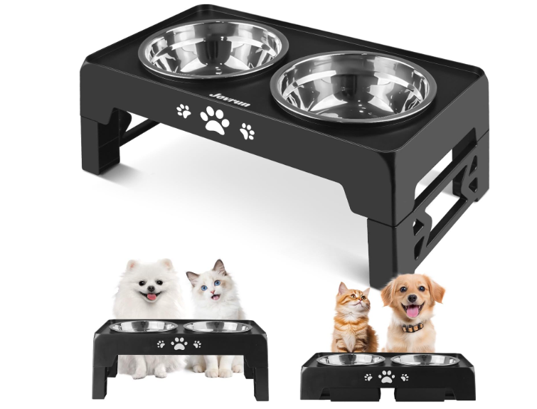 Jovrun Elevated Dog Bowls for Small Dogs and Cats, Non-Slip Cat Bowls with 2 Thick 5.5" Stainless Steel Dishes, Dog Feeder 2 Heights Adjustable to 2.6"-5.3"