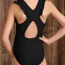 blibean Kid Girls Swimsuit One Piece Ruffle Sleeve Bathing Suits 6-15 Year (Black, XL)