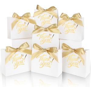 100 Pack Small Thank You Gift Bags, 4.5x1.8x3.9in Party Favor Bags Boxes with Bow Ribbon, Small Paper Gift Bags with Gold Foil Printed, Mini Candy Treat Bags for Birthday Wedding Party Holiday (White)