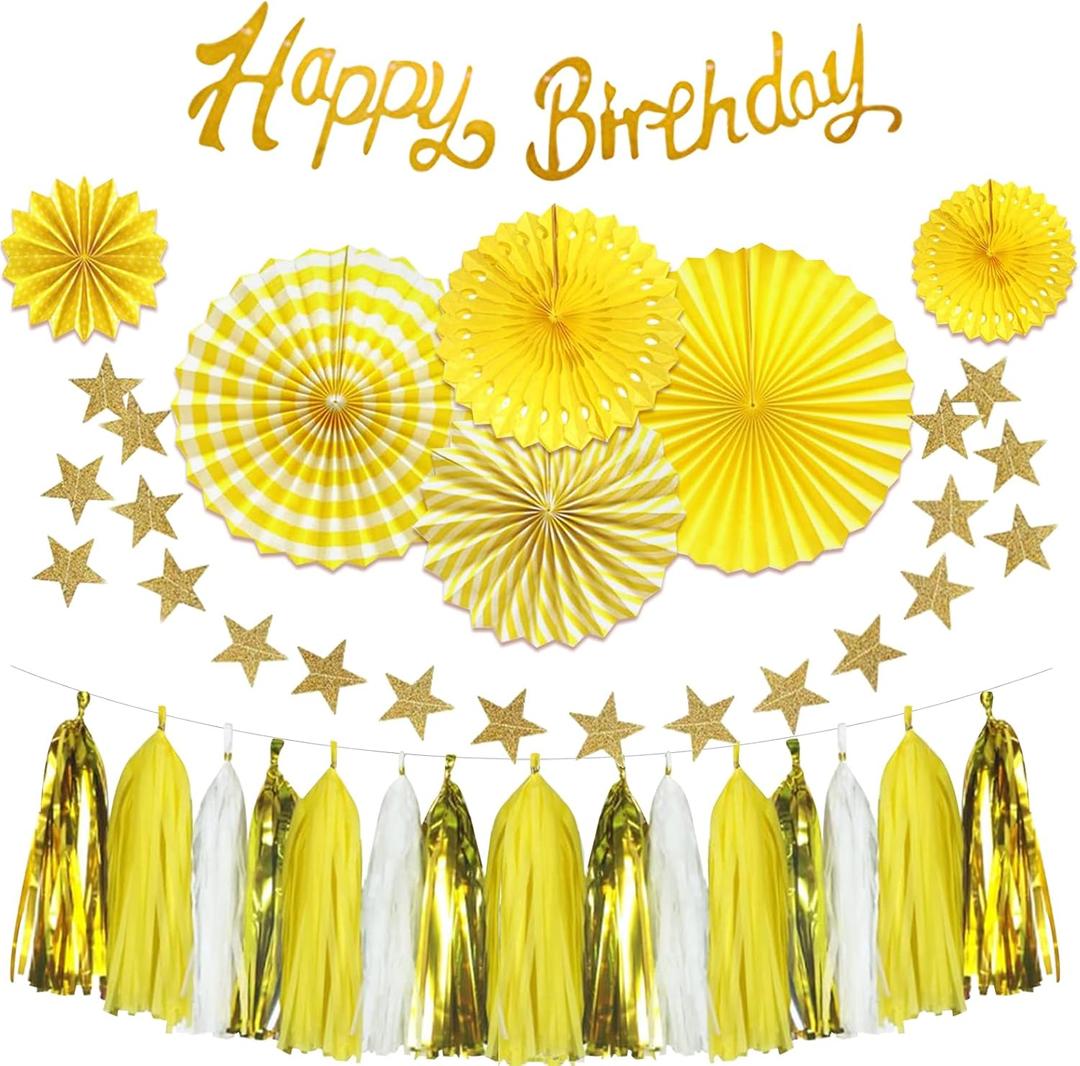 Yellow Birthday Decorations for Women - 33Pcs Yellow Party Decor for Girl with Birthday Banner & Hanging Paper Fans - Ideal for Baby Shower Honeybee Sunflower Theme Birthday Party Decoration Supplies