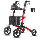 Foldable Rollator Walker with 10” Front Rubber Wheels, All-Terrain Rollator Walker with Seat, Adjustable Backrest and Handles, 350 Lb, Cup Holder, Lightweight 4 Wheel for Seniors Red
