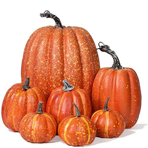 Lvydec Artificial Pumpkins Set Harvest Decoration, 7pcs Assorted Size Orange Pumpkins Realistic Large Pumpkins for Halloween Thanksgiving Autumn Festive Party Supplies (Orange)