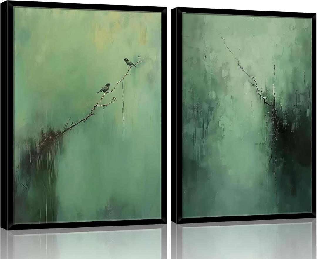 Abstract Dark Green Canvas Wall Art Modern Texture Painting with Wood Frame Wabi Sabi Zen Poster Minimalist Birds Picture Print Living Room Bedroom Office Ready To Hang 16x24 Inch