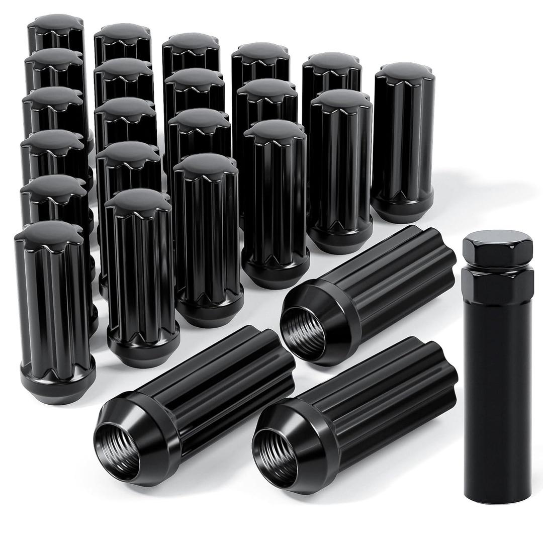 24pcs M14x1.5 Black Lug Nuts - Closed End Bulge Cone Seat Spline Wheel Locks with Socket Key - Compatible with 8-Lug Aftermarket Rims for Chevy Silverado 1500, GMC Sierra & Suburban