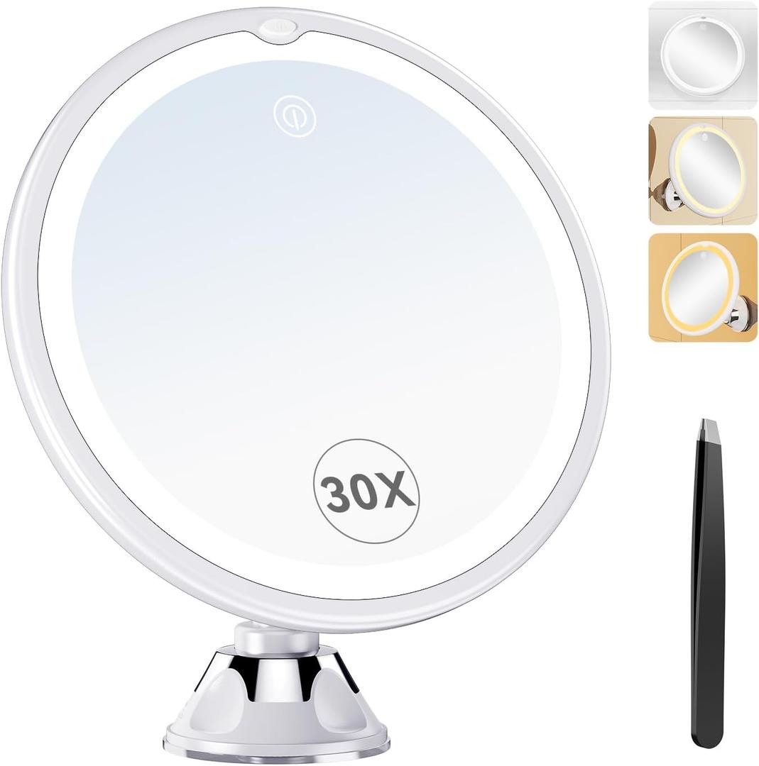 2025 Upgraded 30X Magnifying Mirror with Light, 8" Vanity Mirror with Power Suction Cup and Tweezers, 360 Swivel, Portable Bathroom Mirror with 3 Color Touch Dimmable Lights for Home Travel