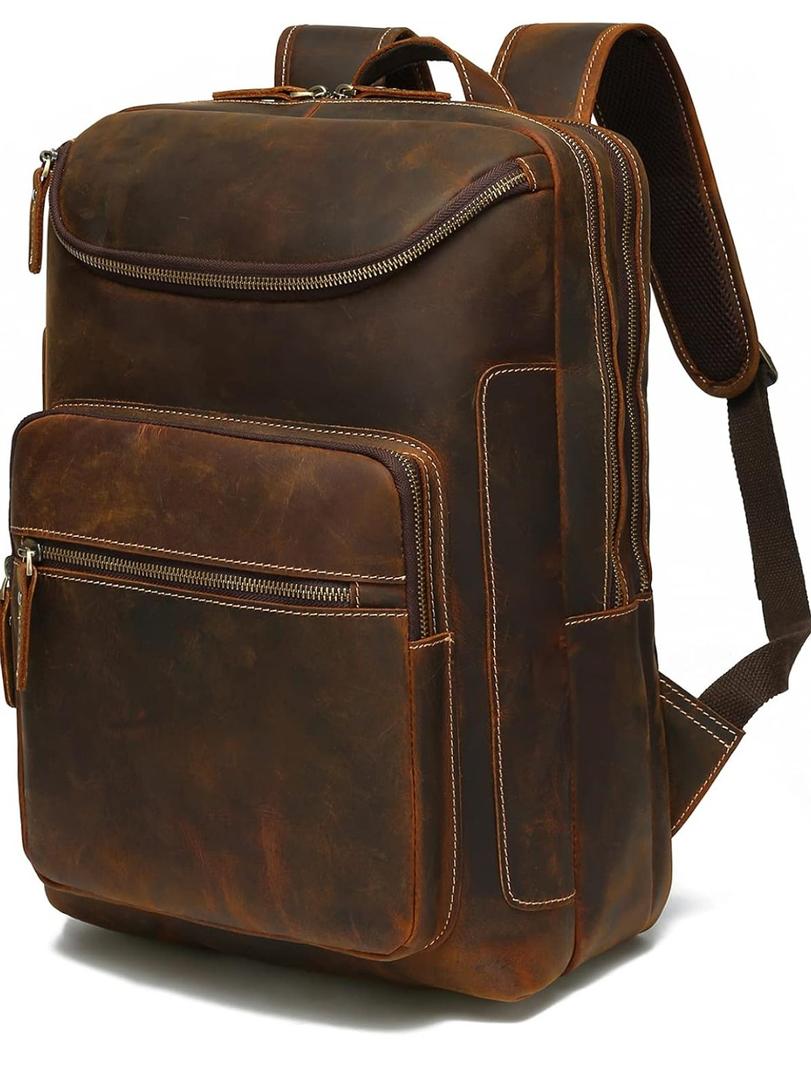 LANNSYNE Vintage Genuine Leather 16" Laptop Backpack For Men Hiking Travel Bag Camping Rucksack