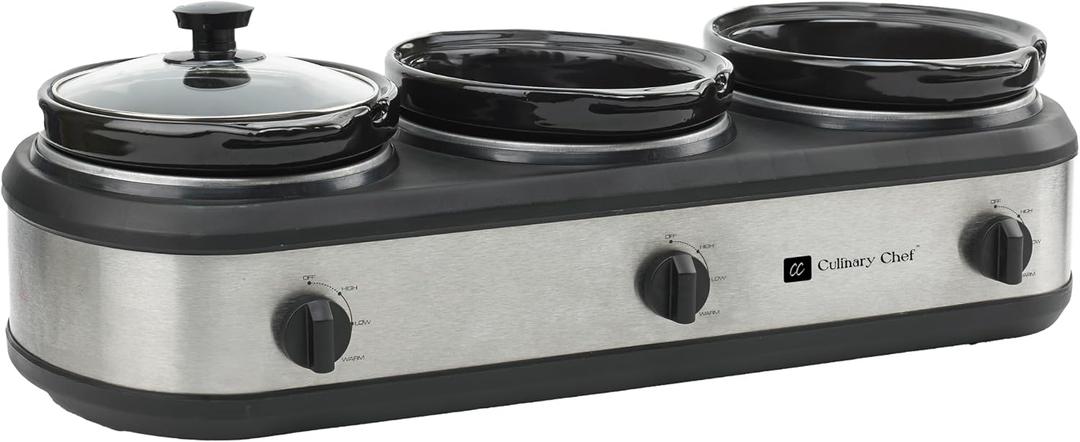 CULINARY CHEF, Triple Slow Cooker, Buffet Server 3 Pot, Food Warmer - Stainless, 2.5 Quarts