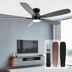 JINIU Ceiling Fans with Lights, 52 inch Flush Mount Ceiling Fan with Remote Control, 5 Blades, Reversible, Innovative Stepless dimming and Color Temperature, Ceiling Fan for Living Room, Bedroom