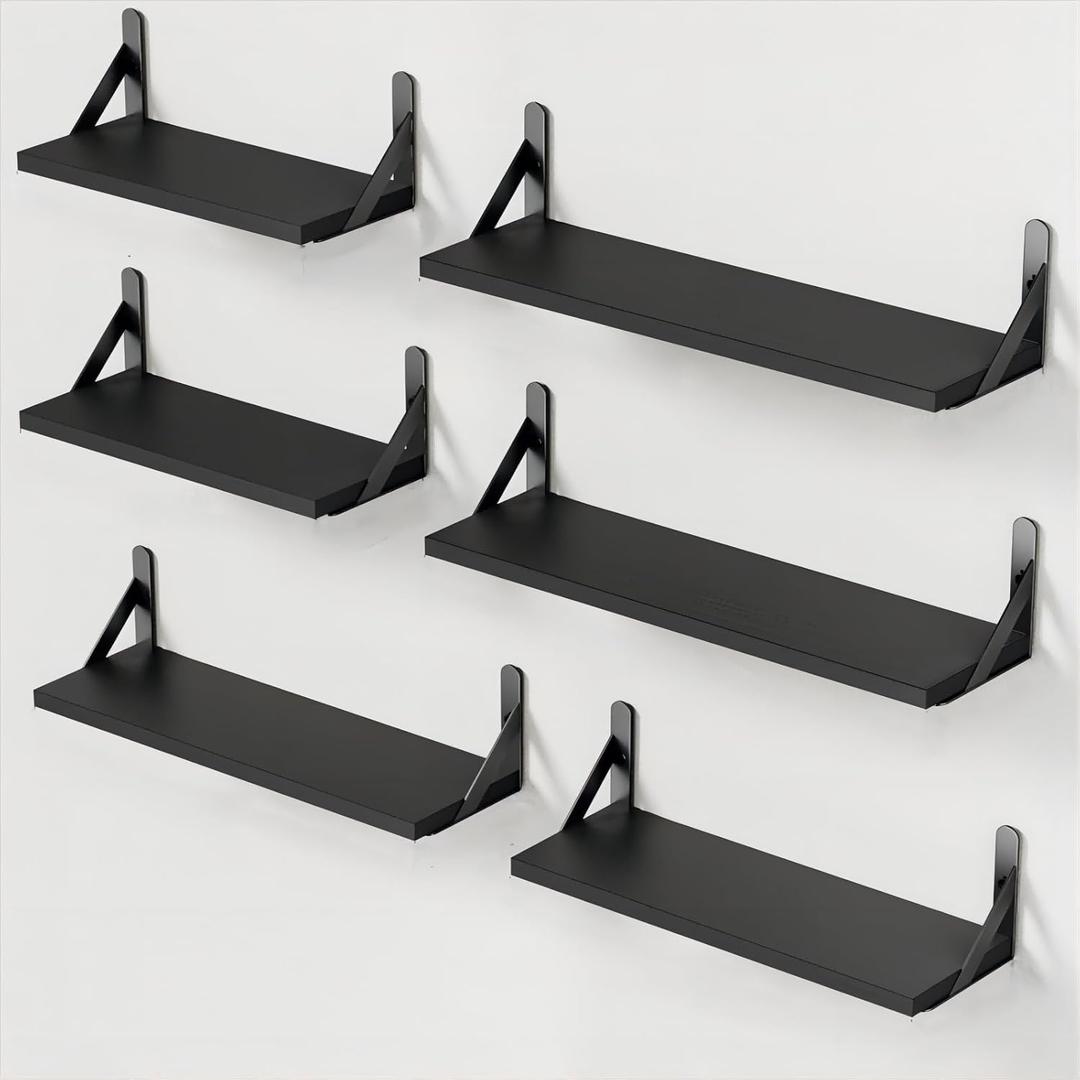 AMADA HOMEFURNISHING Wall Shelves Set of 6, Wood Floating Shelves for Decor, Rustic Farmhouse for Bedroom, Bathroom Storage, Book Shelves for Living Room, Black (Medium)