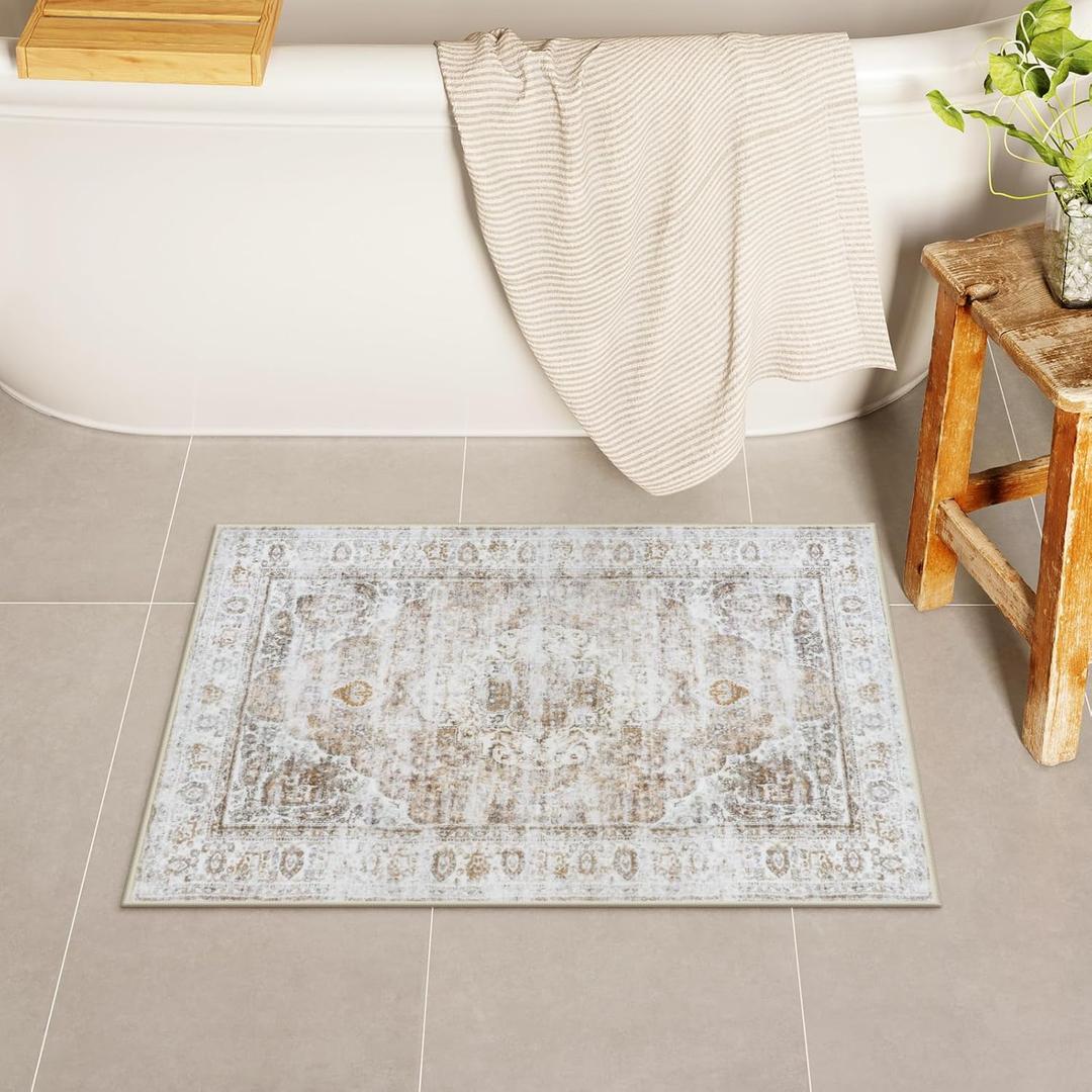 Uphome Boho Small Bath Mat, Distressed Farmhouse Light Khaki Bath Rugs, Comfy Velvet Bathroom Rugs Non Slip Washable, Vintage Oriental Toilet Rug for Sink Shower Vanity, 18x26 inch