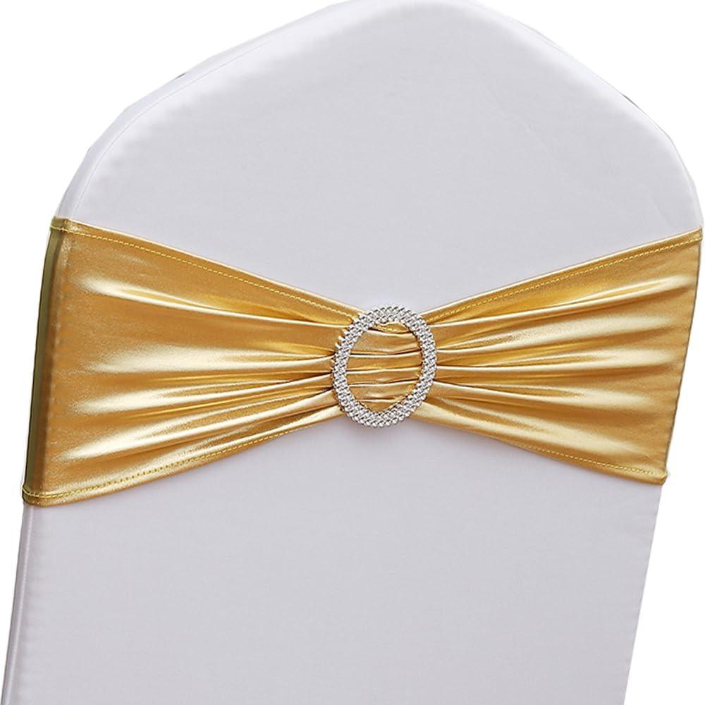 Gold Chair Sashes 100 Pack, Spandex Sashes for Chairs Wedding Reception, Stretch Chair Bands Bows for Party Banquet Theme Event Decor