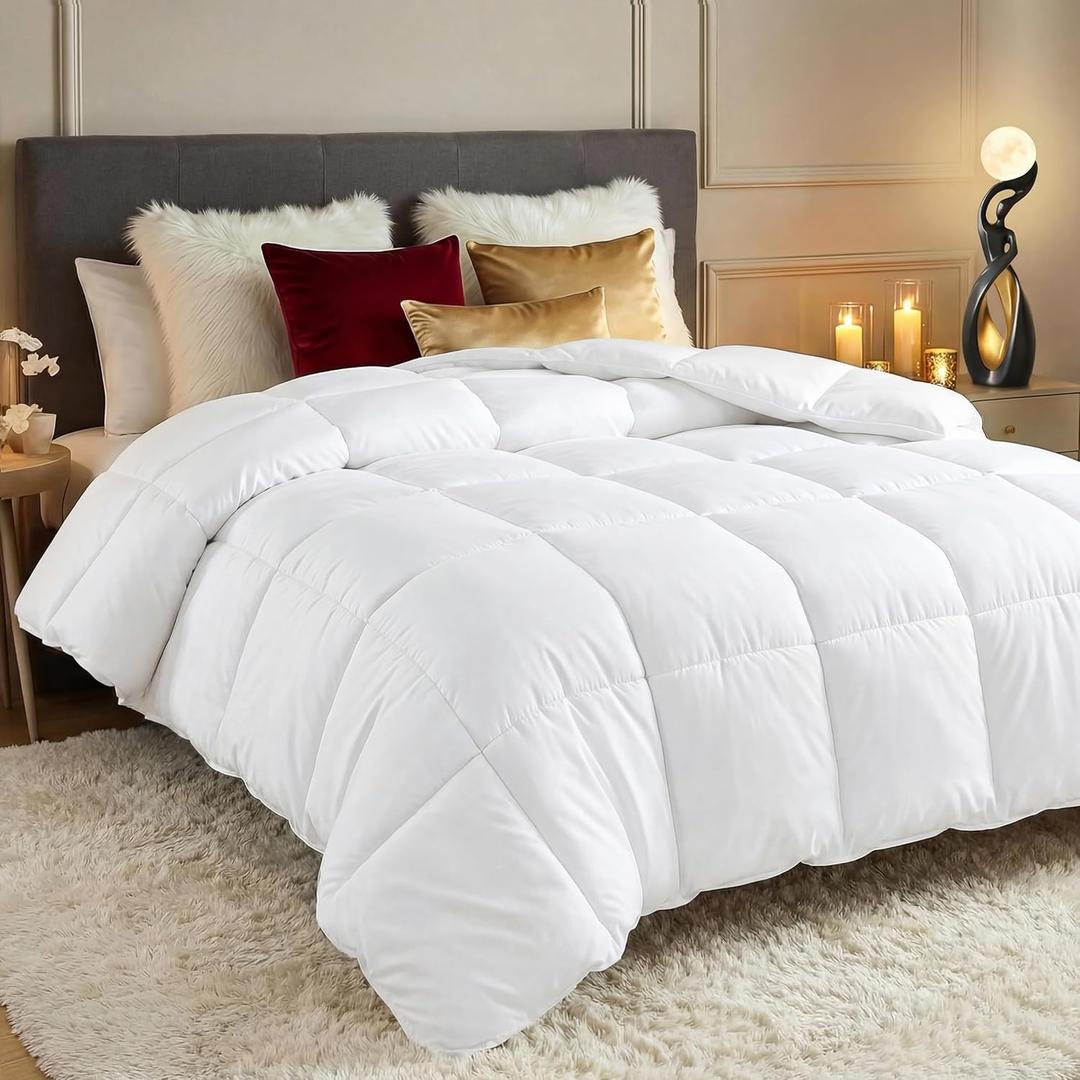 100% Organic Cotton Comforter/Duvet Insert, All-Season, Hypoallergenic, Luxurious Down Alternative, 400 Thread Count, Box-Stitch - King Size, White